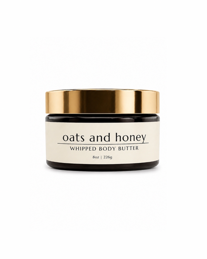 Jar of oats and honey whipped body butter on a white background