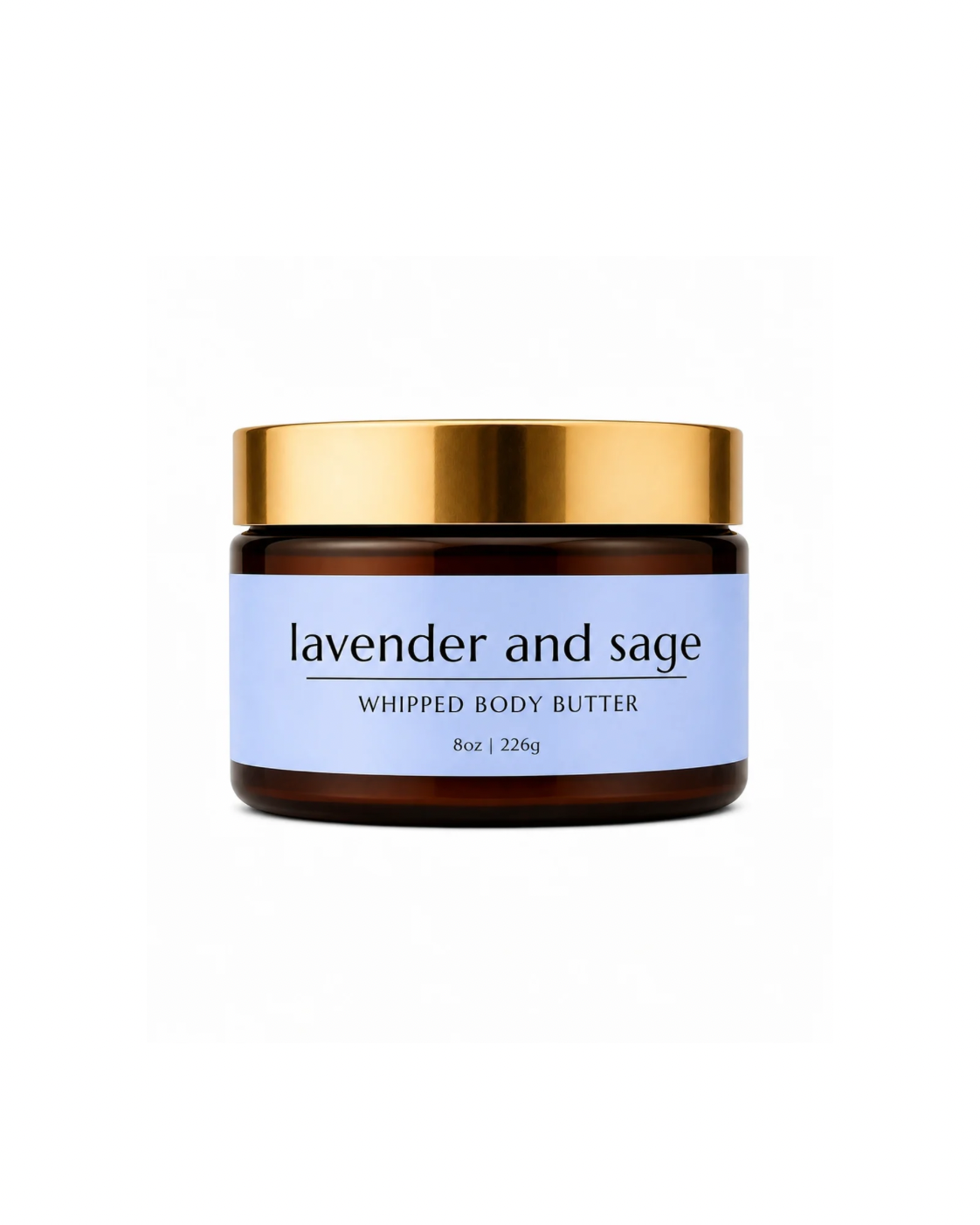 Jar of lavender and sage whipped body butter with gold lid on a white background